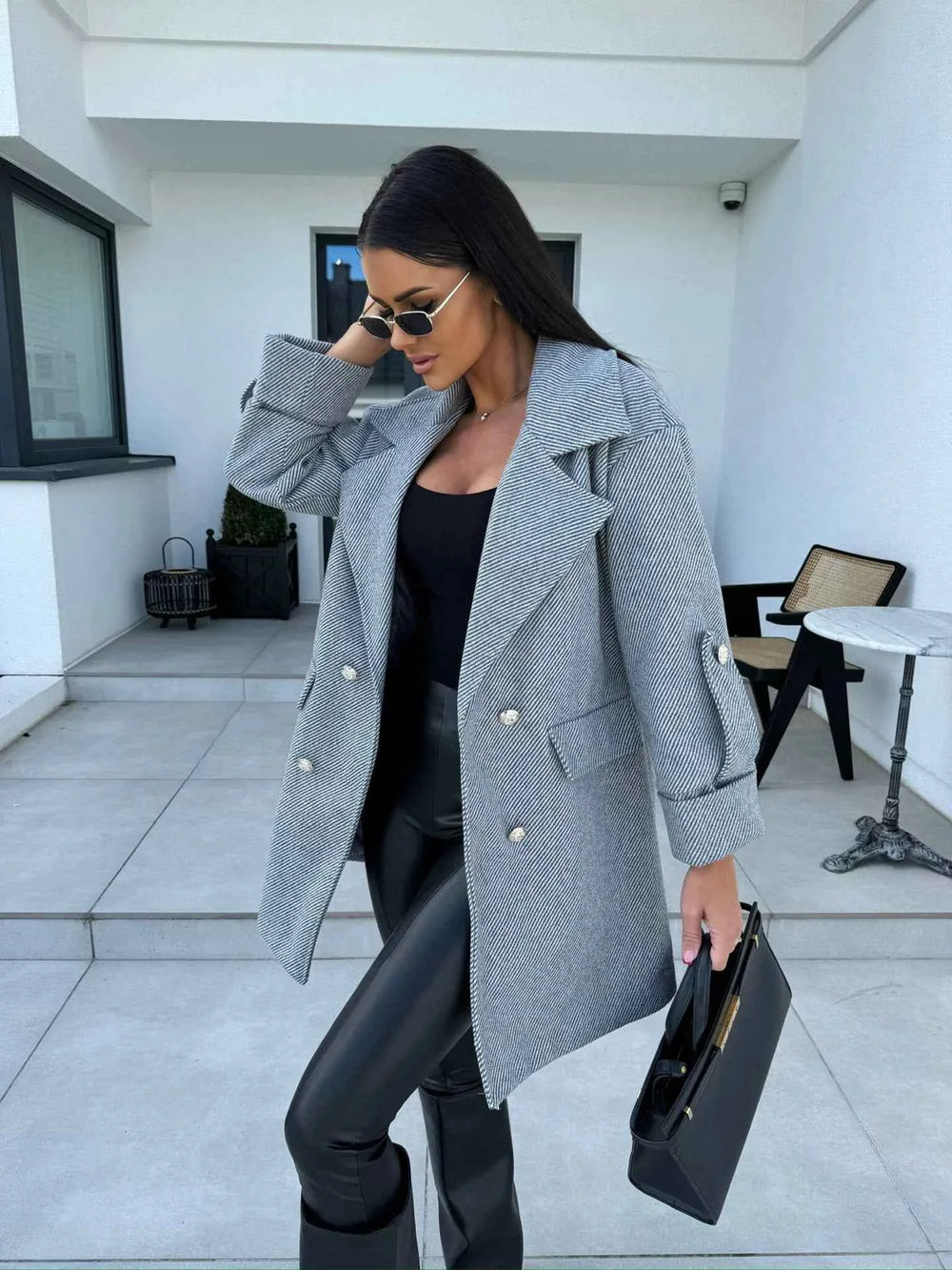 Women's Knee-Length Wool Coat – Double-Breasted Blazer with H-Line Fit Grey