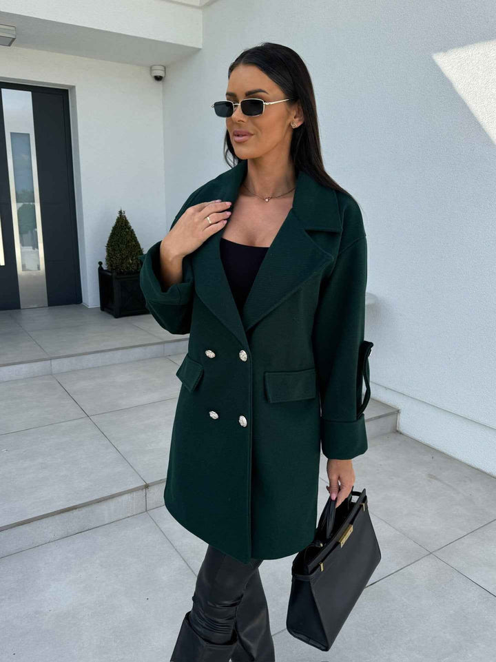 Women's Knee-Length Wool Coat – Double-Breasted Blazer with H-Line Fit Dark Green