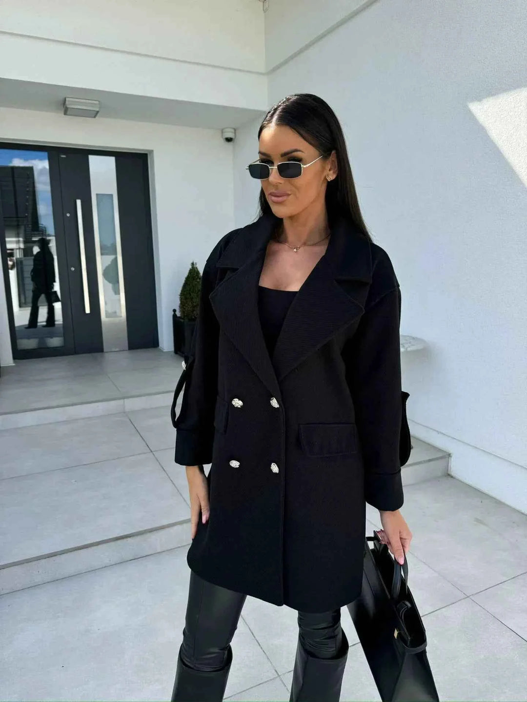 Women's Knee-Length Wool Coat – Double-Breasted Blazer with H-Line Fit Black