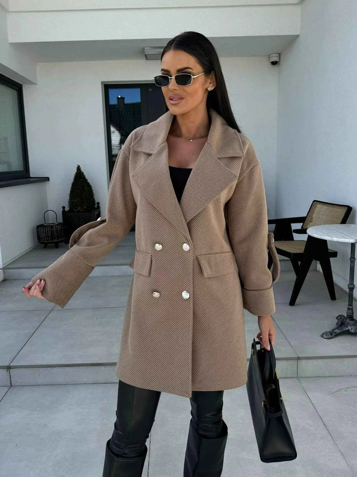 Women's Knee-Length Wool Coat – Double-Breasted Blazer with H-Line Fit Khaki