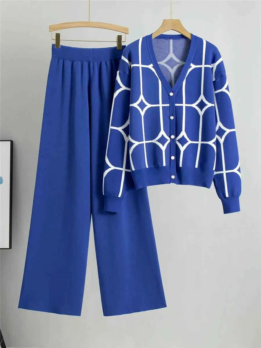 Women's Knitted Cardigan & High Waist Wide Leg Pants Set Blue One Size