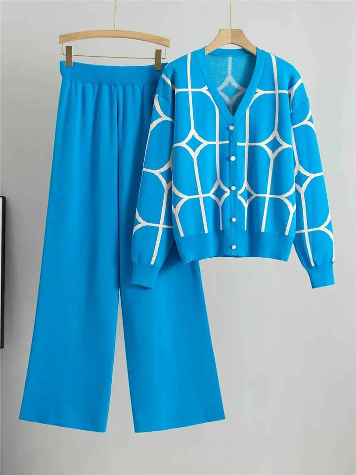 Women's Knitted Cardigan & High Waist Wide Leg Pants Set Light Blue One Size