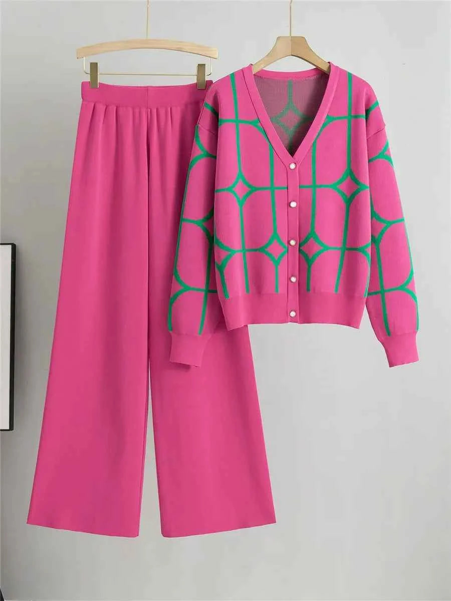 Women's Knitted Cardigan & High Waist Wide Leg Pants Set Pink One Size