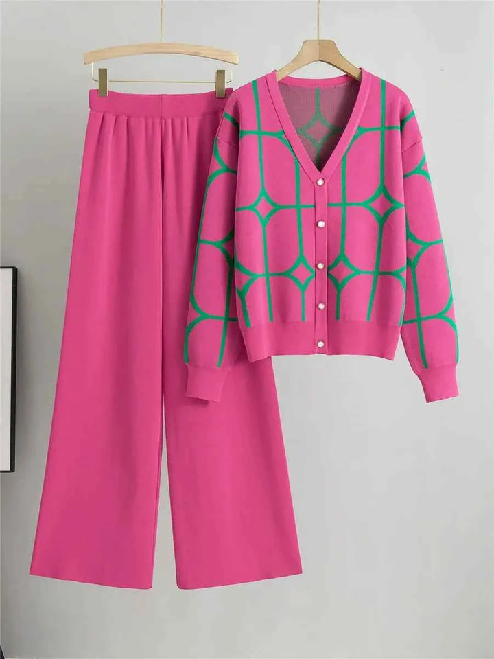 Women's Knitted Cardigan & High Waist Wide Leg Pants Set Pink One Size