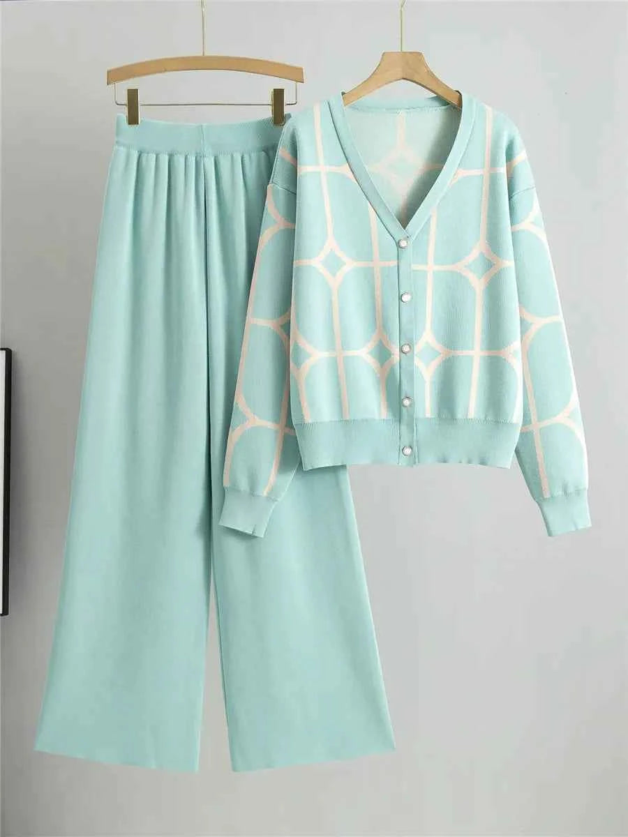 Women's Knitted Cardigan & High Waist Wide Leg Pants Set Green One Size