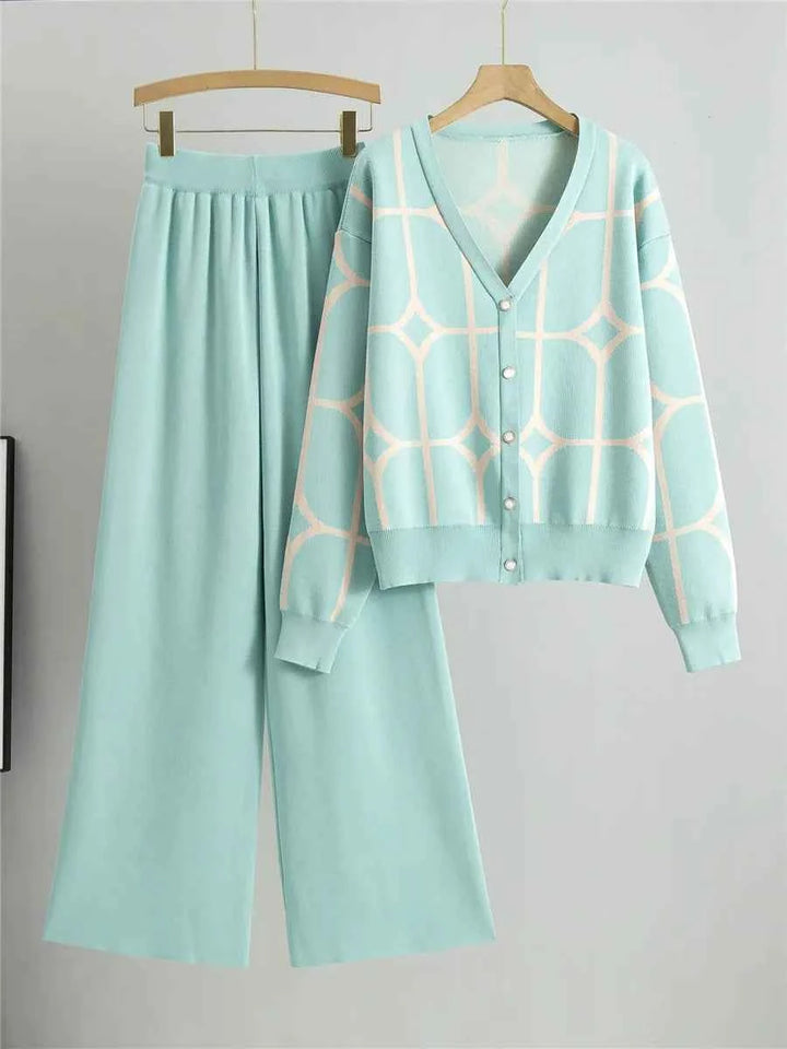 Women's Knitted Cardigan & High Waist Wide Leg Pants Set Green One Size