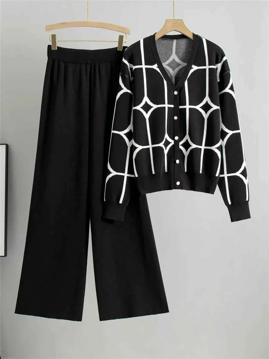 Women's Knitted Cardigan & High Waist Wide Leg Pants Set Black One Size