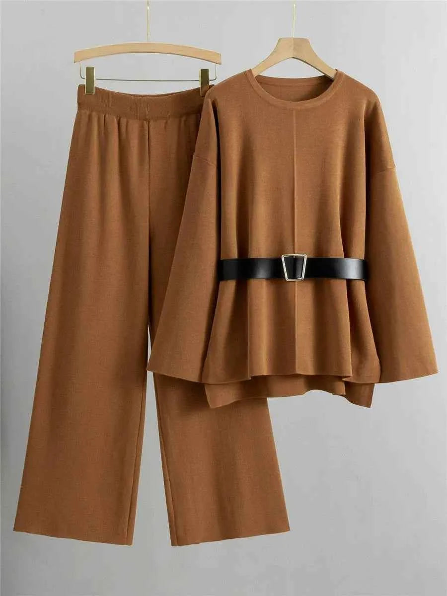 Women's Knitted Sweater and High Waist Pants Two-Piece Set – Comfortable Wide Sleeve Design Brown One Size