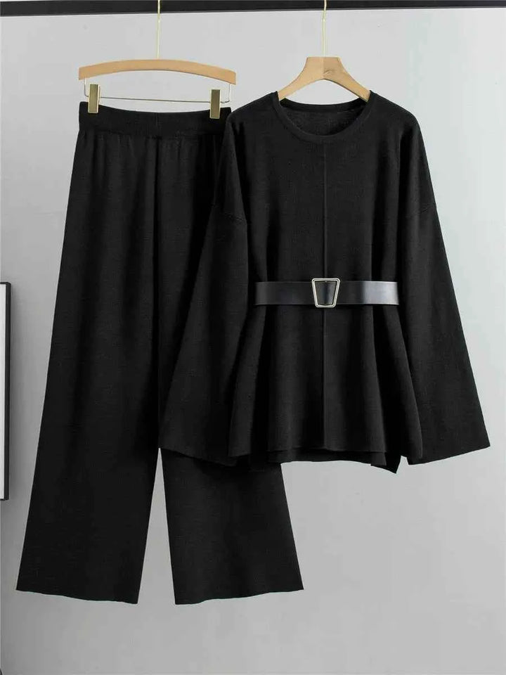 Women's Knitted Sweater and High Waist Pants Two-Piece Set – Comfortable Wide Sleeve Design Black One Size