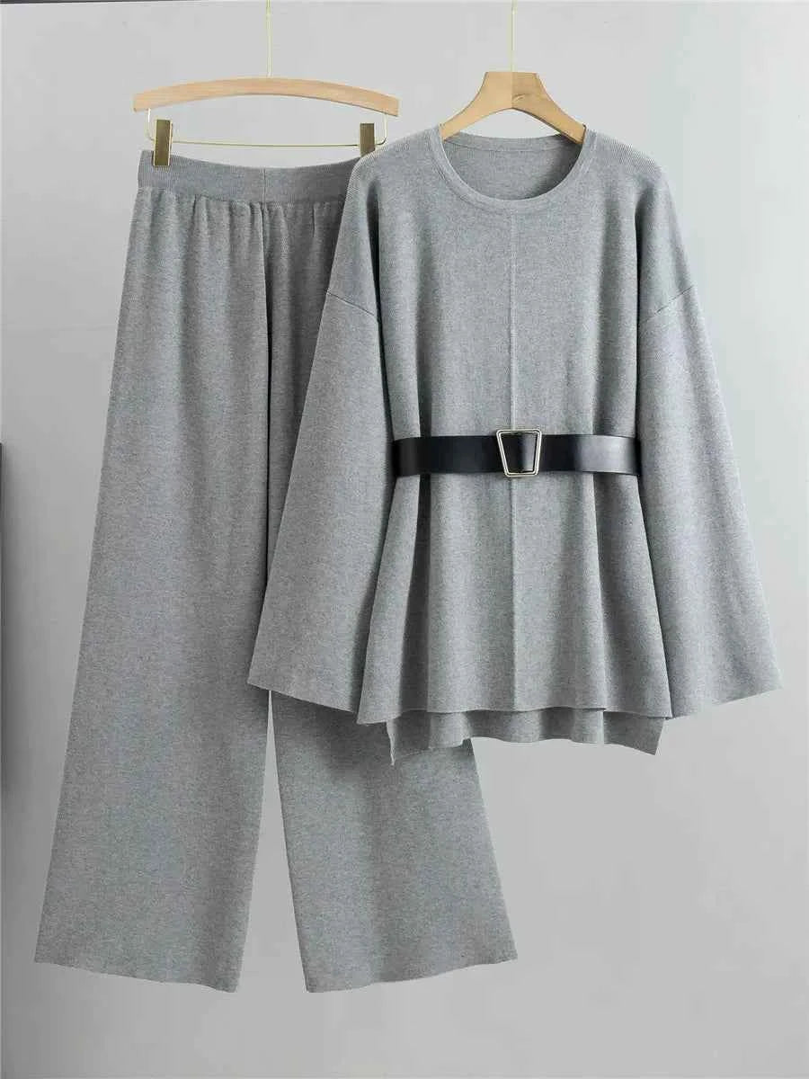 Women's Knitted Sweater and High Waist Pants Two-Piece Set – Comfortable Wide Sleeve Design Grey One Size