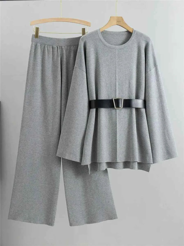 Women's Knitted Sweater and High Waist Pants Two-Piece Set – Comfortable Wide Sleeve Design Grey One Size