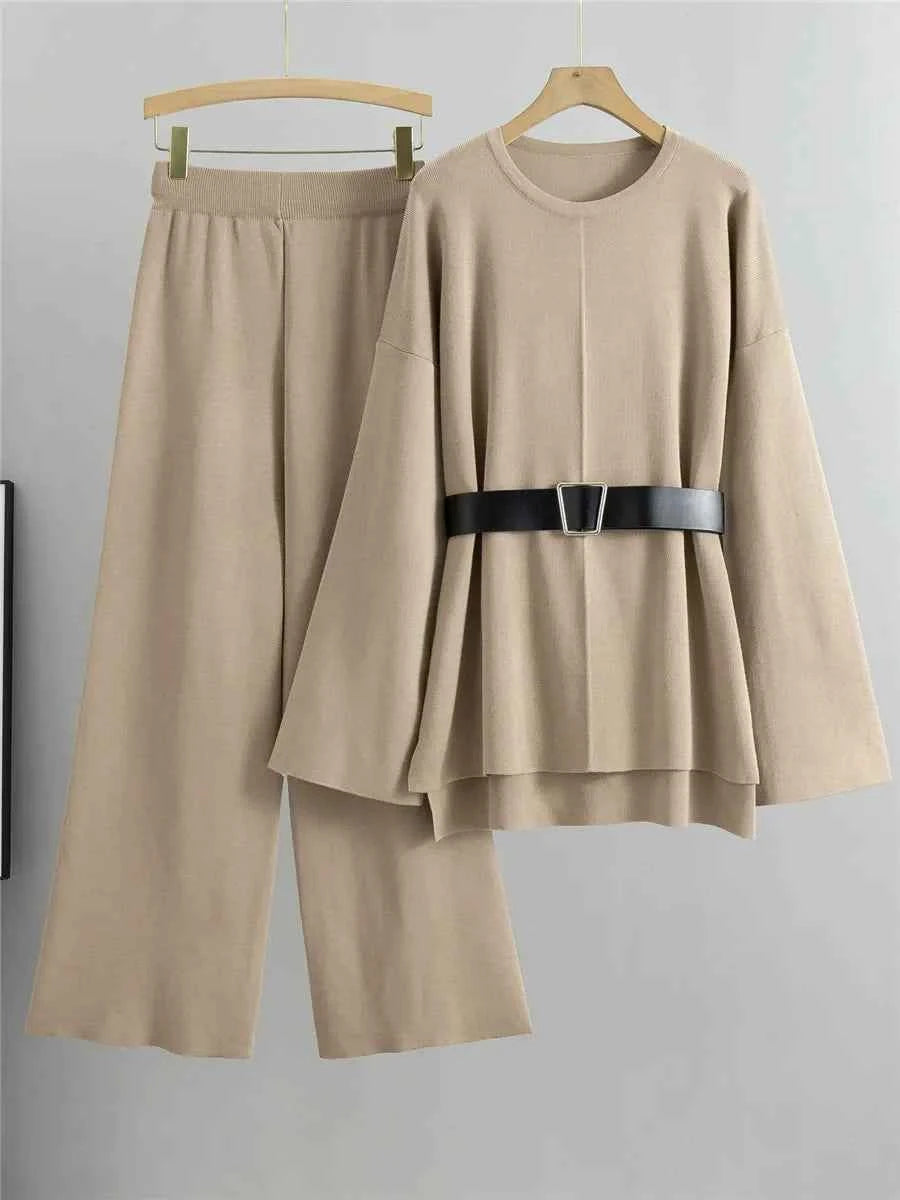 Women's Knitted Sweater and High Waist Pants Two-Piece Set – Comfortable Wide Sleeve Design Khaki One Size
