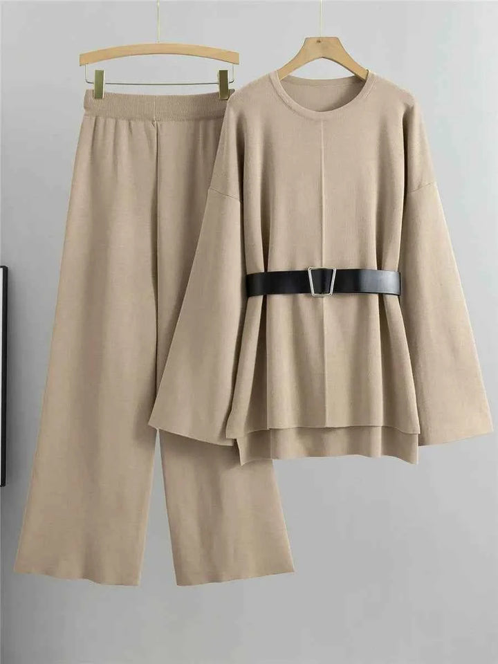 Women's Knitted Sweater and High Waist Pants Two-Piece Set – Comfortable Wide Sleeve Design Khaki One Size
