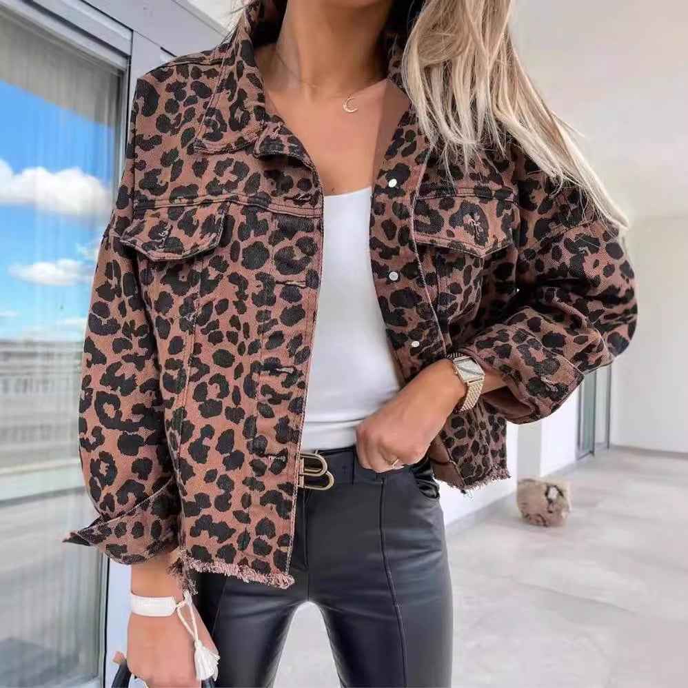 Women's Leopard Print Denim Jacket with Pockets and Trendy Collar
