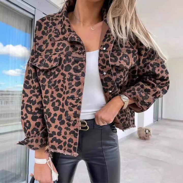 Women's Leopard Print Denim Jacket with Pockets and Trendy Collar