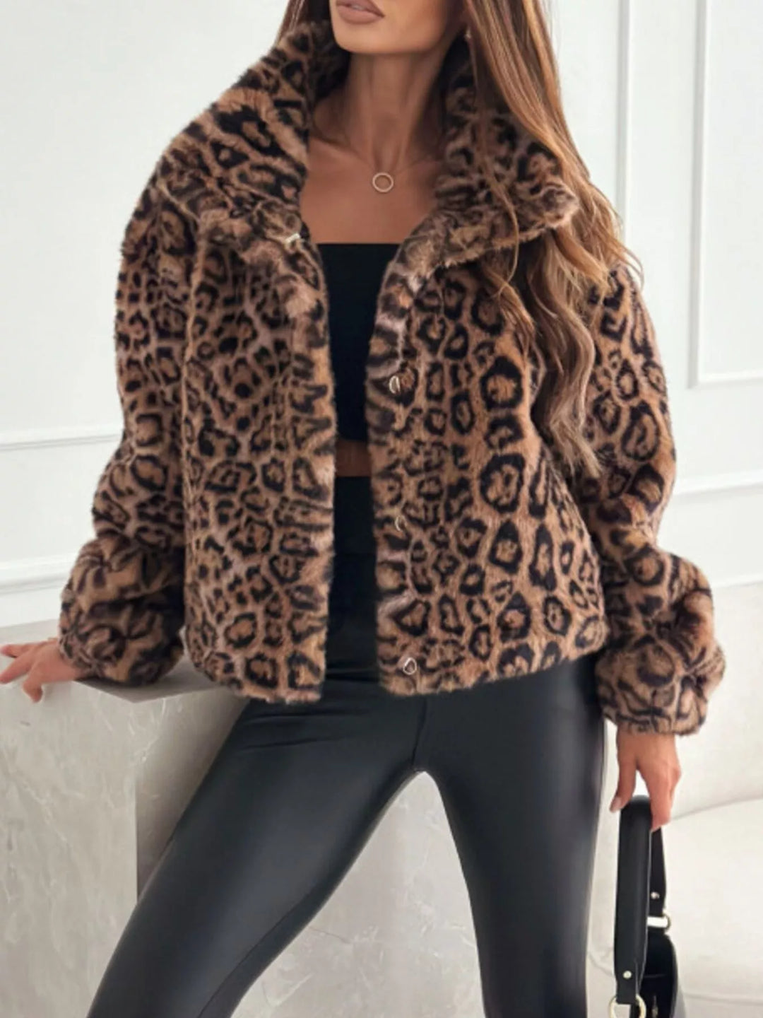 Women's Leopard Print Faux Fur Cropped Jacket
