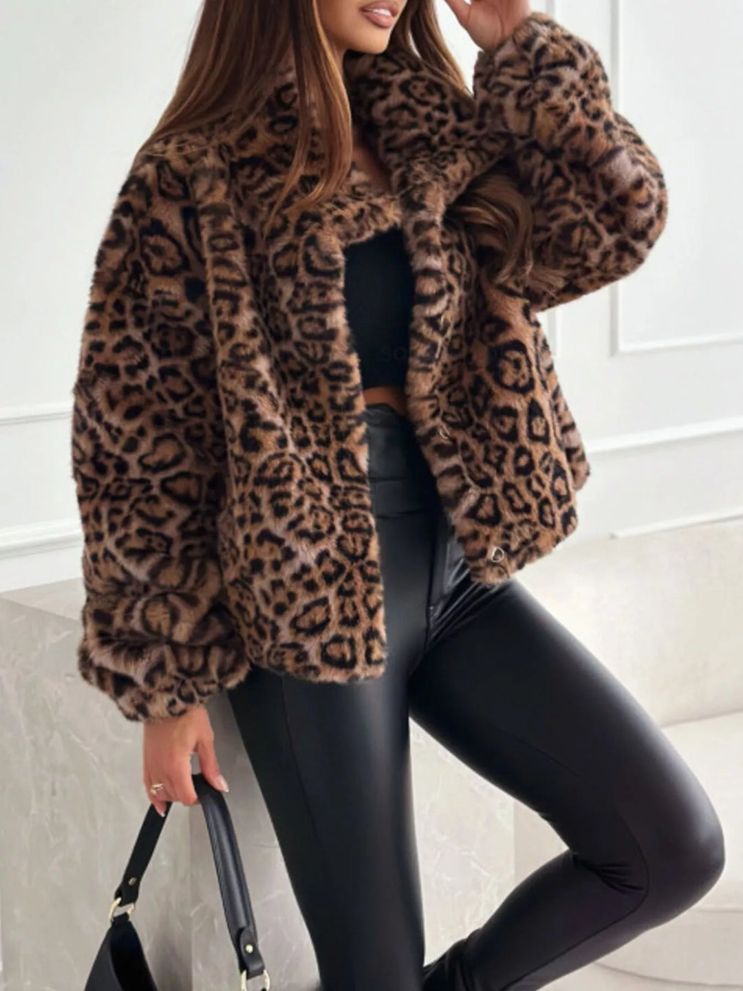 Women's Leopard Print Faux Fur Cropped Jacket