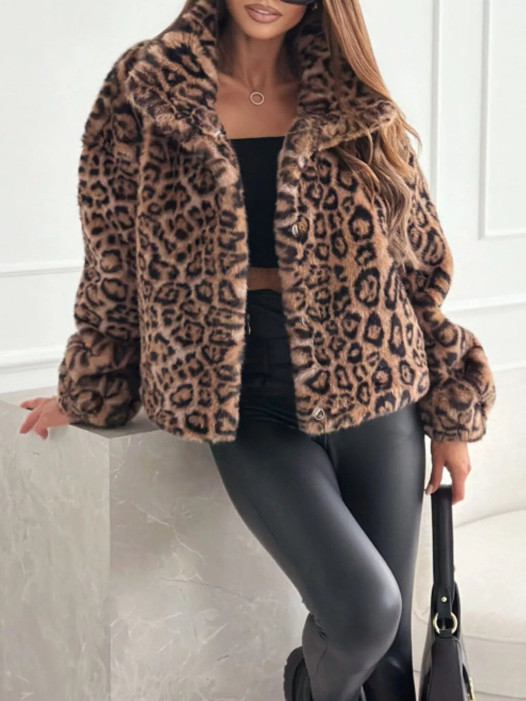 Women's Leopard Print Faux Fur Cropped Jacket
