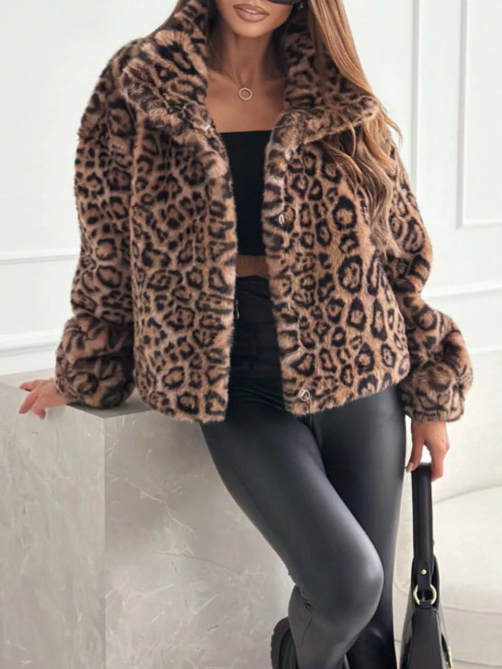 Women's Leopard Print Faux Fur Cropped Jacket