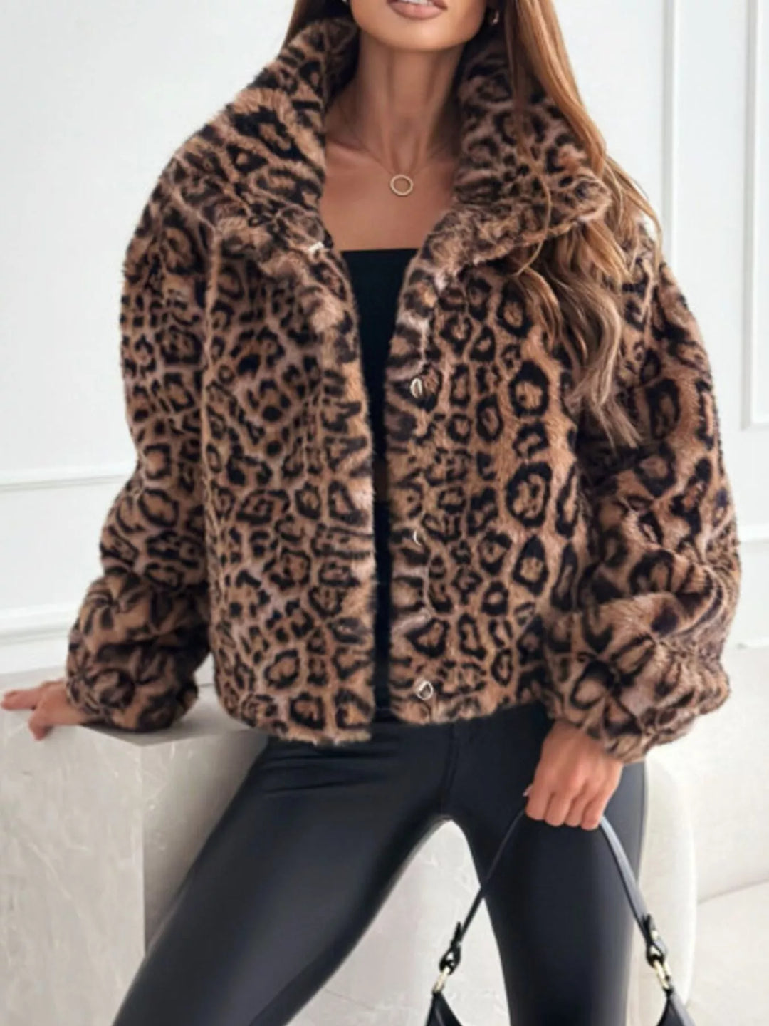 Women's Leopard Print Faux Fur Cropped Jacket