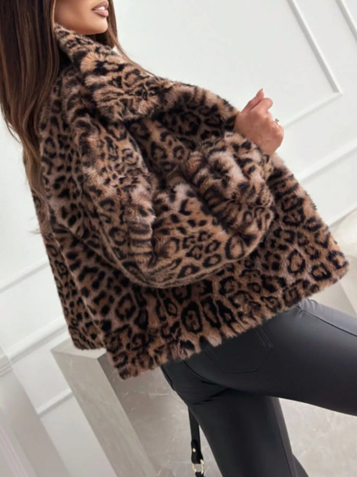 Women's Leopard Print Faux Fur Cropped Jacket