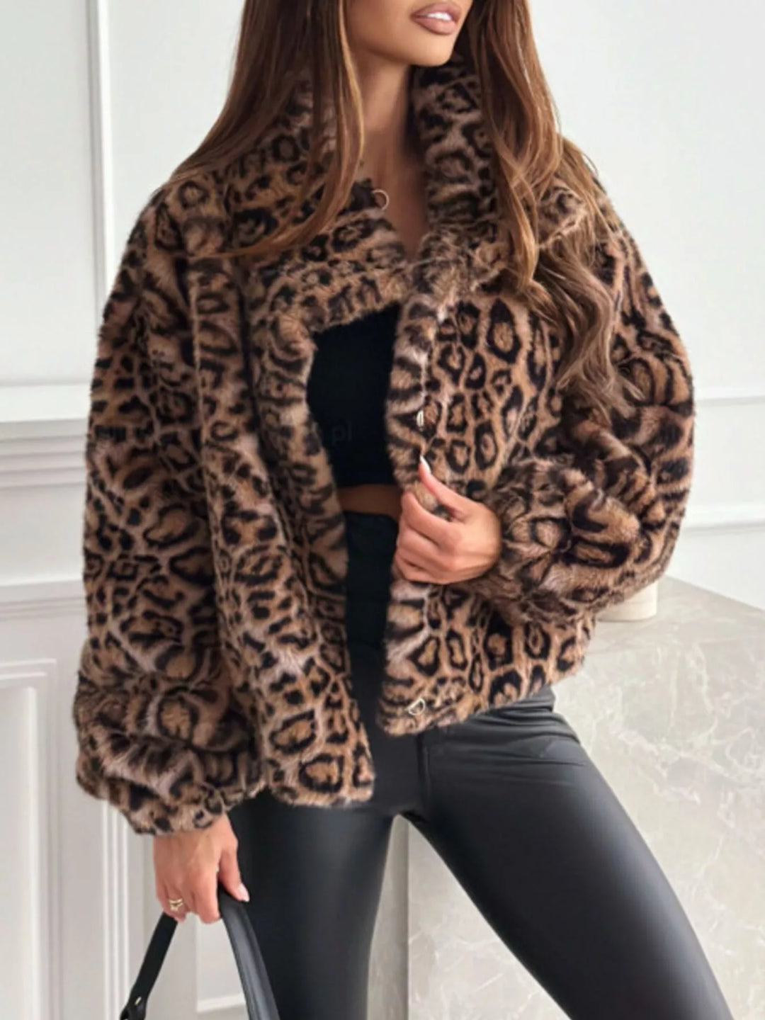 Women's Leopard Print Faux Fur Cropped Jacket Leopard Print