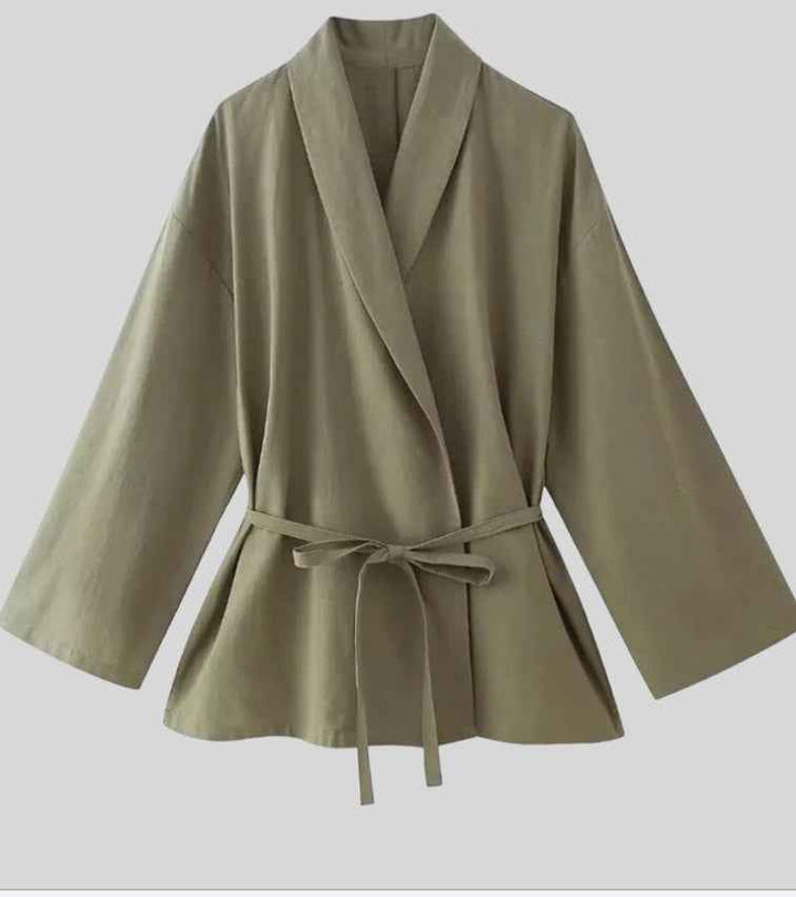 Women's Lightweight Kimono Jacket – Wide Sleeves, Waist Belt, Loose Fit Green