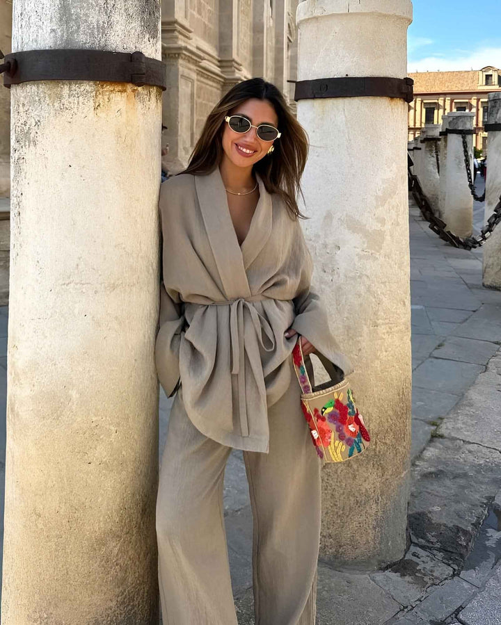 Women's Lightweight Kimono Jacket – Wide Sleeves, Waist Belt, Loose Fit Khaki