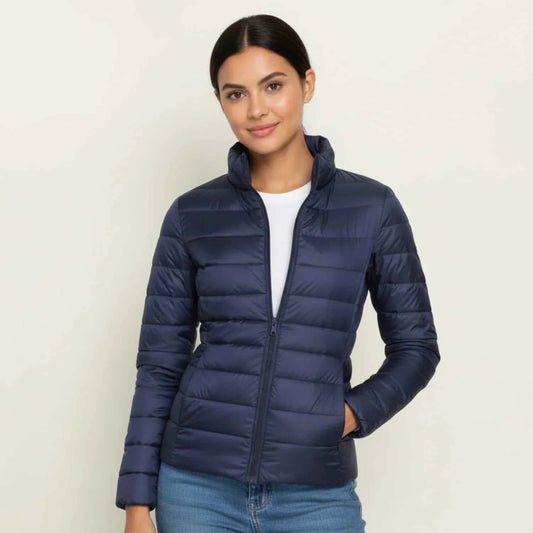 Women's Lightweight Quilted Puffer Zip-Front Slim Fit Jacket Navy Blue