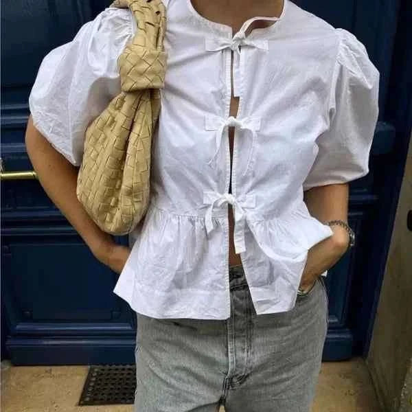 Women's Lightweight Striped Blouse with Puff Sleeves - Loose Fit White