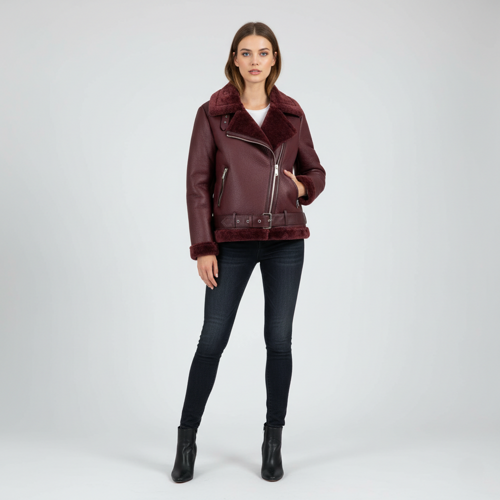 Women's Lined Leather Jacket Burgundy