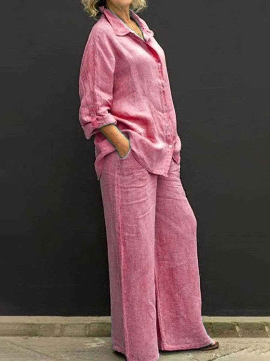 Women's Linen Blouse and Wide Pants Set - Breathable Casual Comfort Peach