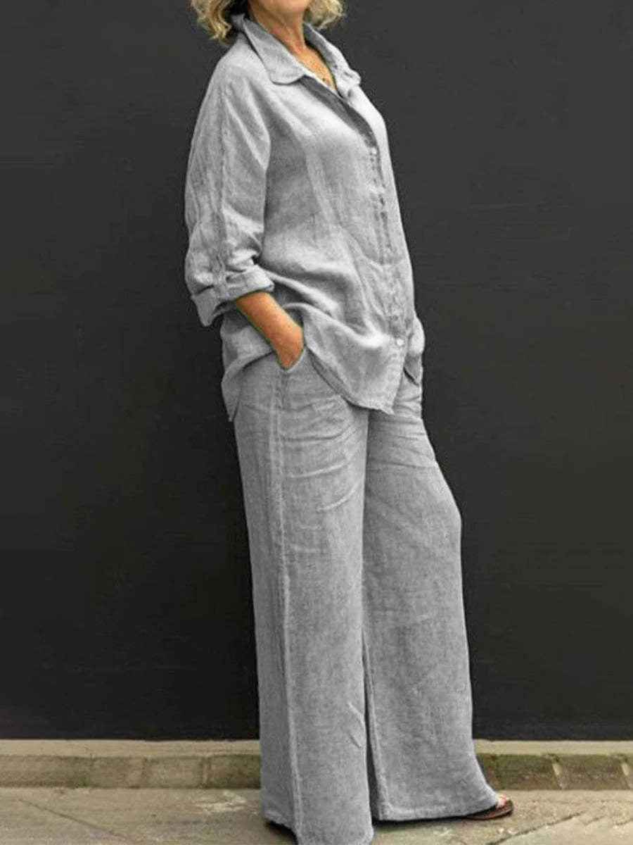 Women's Linen Blouse and Wide Pants Set - Breathable Casual Comfort Light Grey
