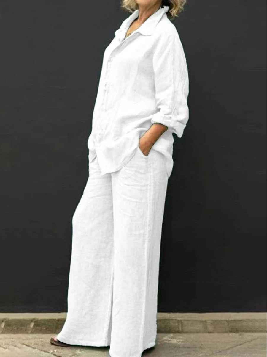 Women's Linen Blouse and Wide Pants Set - Breathable Casual Comfort White