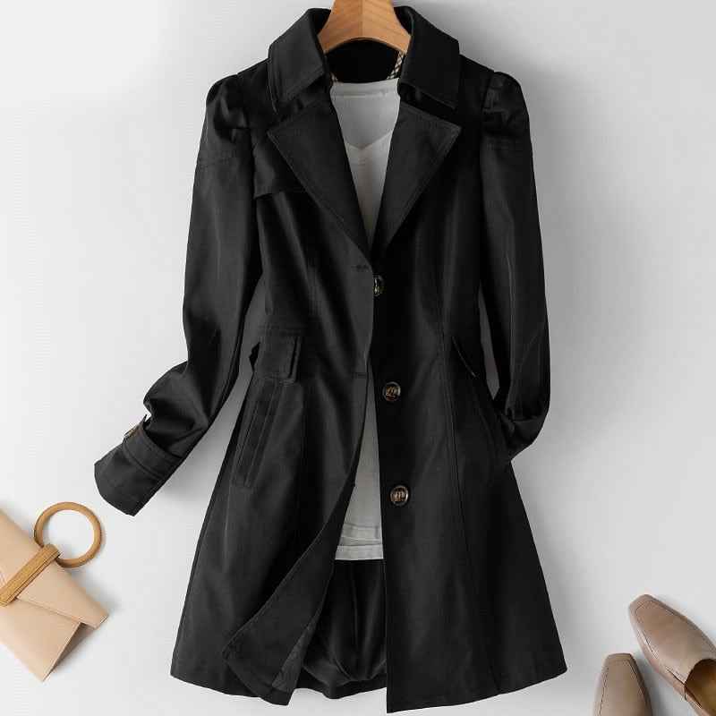 Women's Long Button-Up Trench Coat - Stylish & Versatile Outerwear Black
