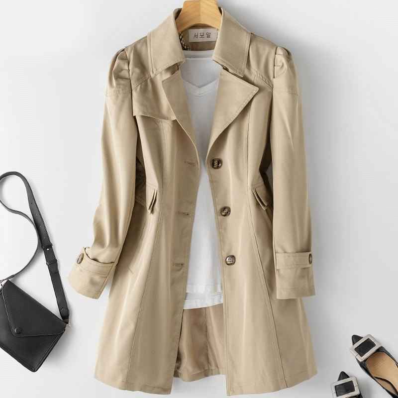 Women's Long Button-Up Trench Coat - Stylish & Versatile Outerwear Khaki