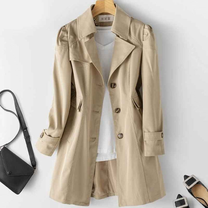 Women's Long Button-Up Trench Coat - Stylish & Versatile Outerwear Khaki