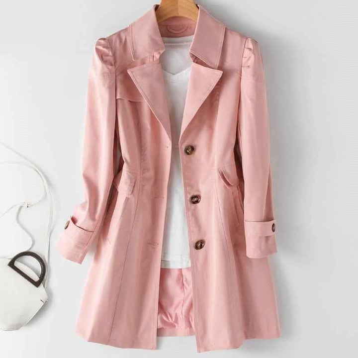 Women's Long Button-Up Trench Coat - Stylish & Versatile Outerwear Pink