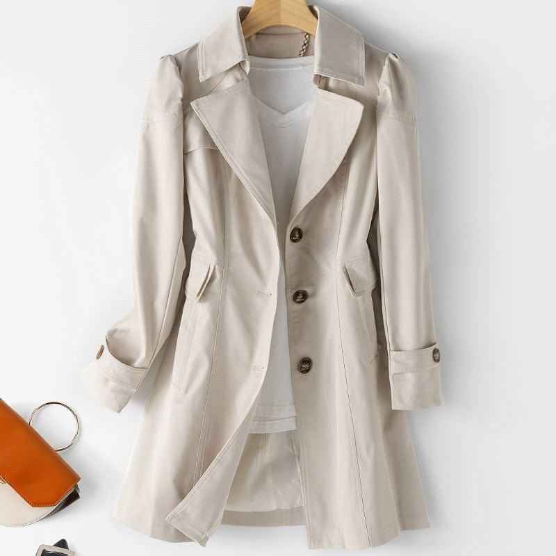 Women's Long Button-Up Trench Coat - Stylish & Versatile Outerwear Beige