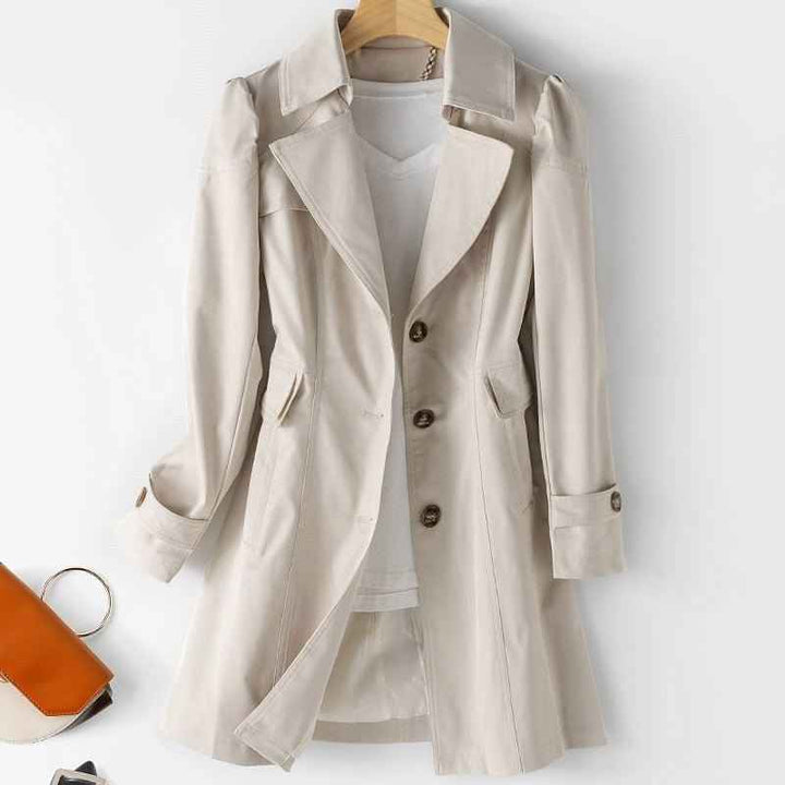 Women's Long Button-Up Trench Coat - Stylish & Versatile Outerwear Beige