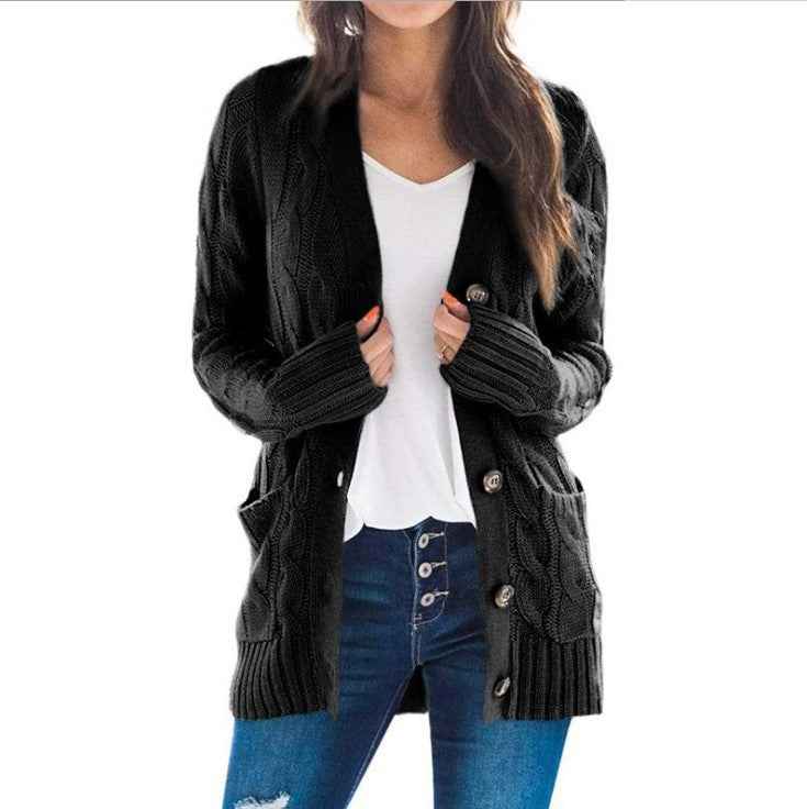 Women's Chunky Knit Polyester Relaxed Fit Long Sleeve White Cardigan Black