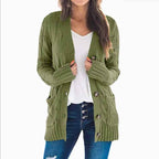 Women's Chunky Knit Polyester Relaxed Fit Long Sleeve White Cardigan Olive Green