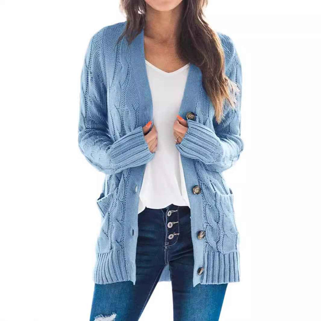 Women's Chunky Knit Polyester Relaxed Fit Long Sleeve White Cardigan Light Blue