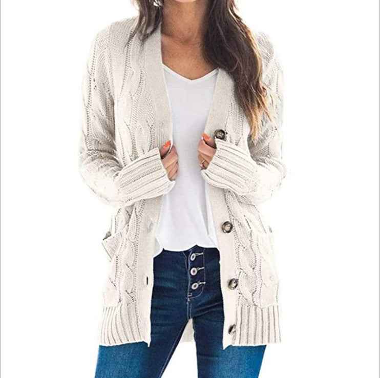 Women's Chunky Knit Polyester Relaxed Fit Long Sleeve White Cardigan White