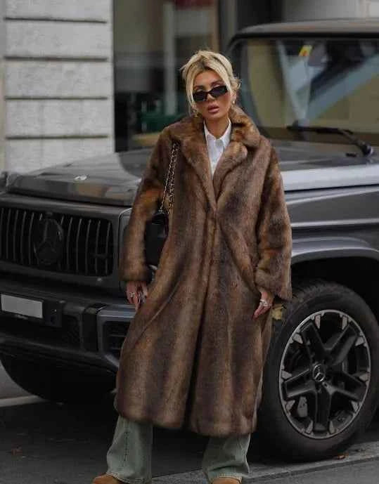 Women's Long Fur Trench Coat Brown