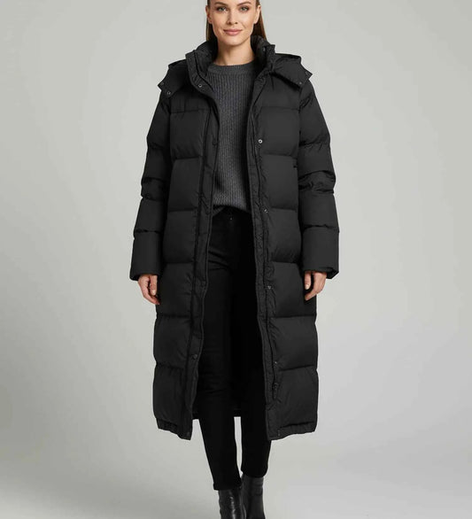 Women's Long Hooded Quilted Puffer Full Length Winter Jacket Black