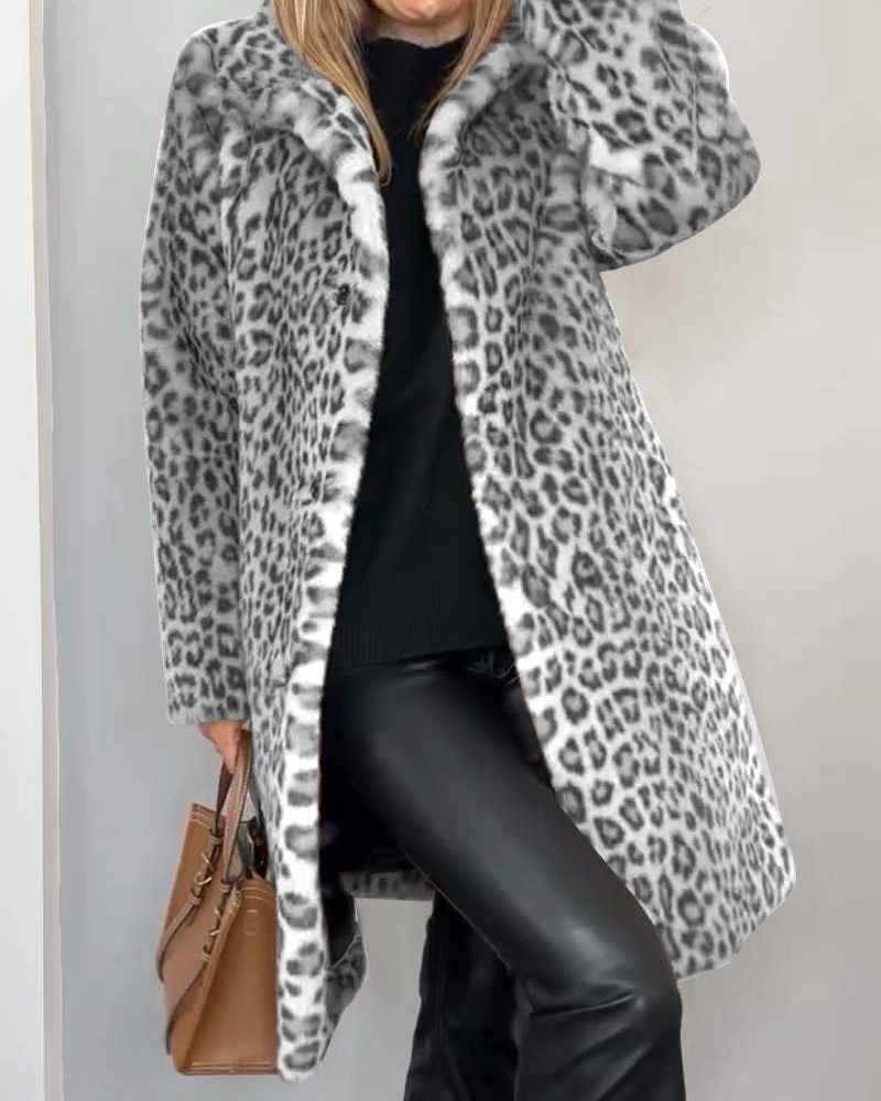 Women's Long Leopard Print Jacket Gray