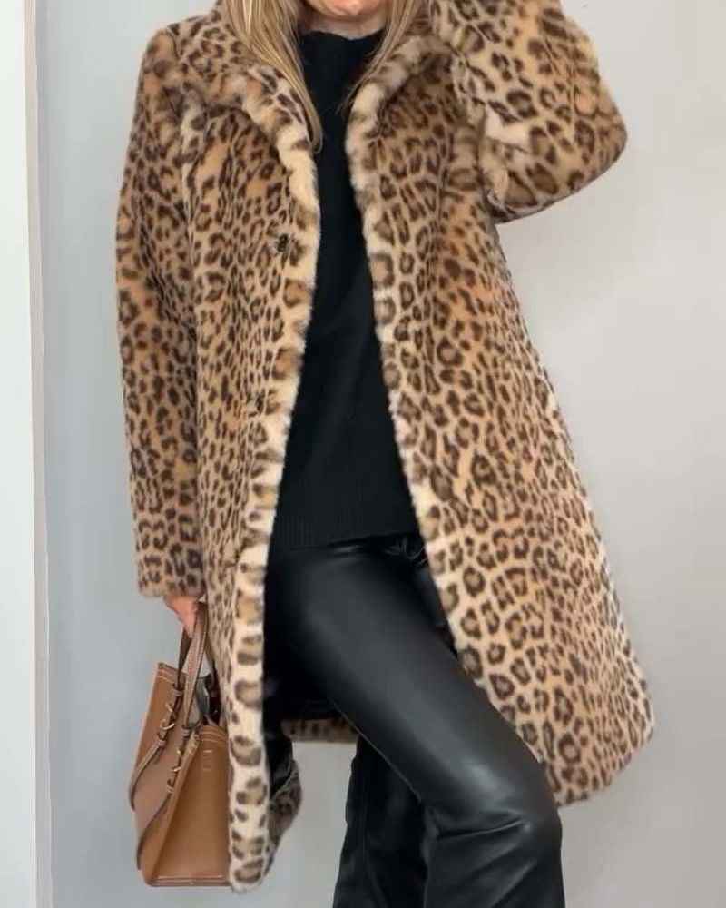 Women's Long Leopard Print Jacket Khaki