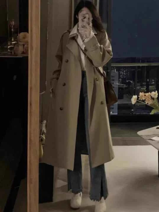 Women's Long Oversized Trench Coat - Stylish & Comfortable Outerwear Khaki