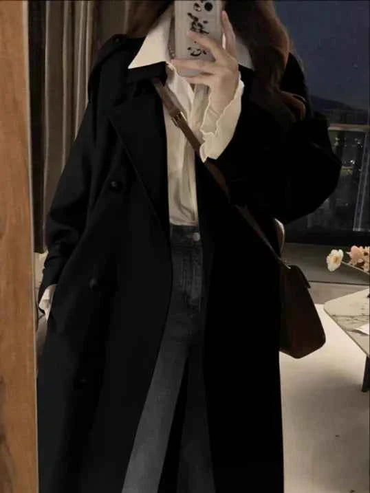 Women's Long Oversized Trench Coat - Stylish & Comfortable Outerwear Black